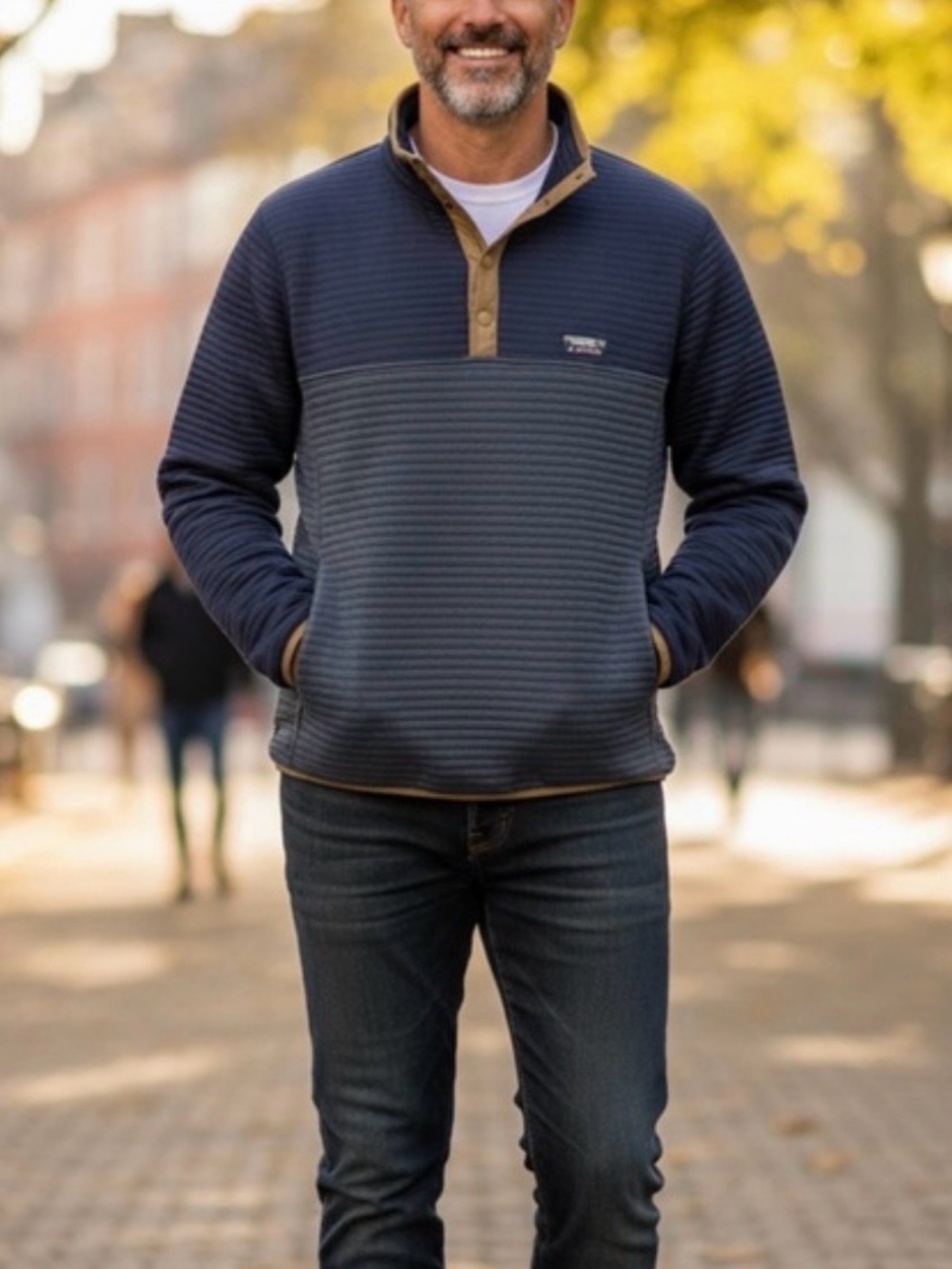 L.L. Bean Men’s Navy and Gray Zip-Style Pullover with Yellow Trim